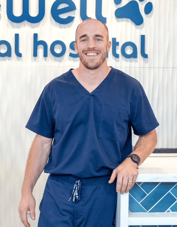 Dr. Kramer Gopffarth smiling while leaning on the receptionist counter